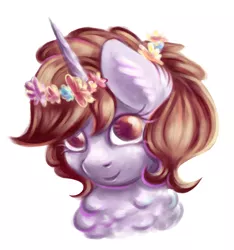 Size: 2591x2767 | Tagged: safe, artist:coco-drillo, derpibooru import, oc, oc:dorm pony, unofficial characters only, pony, unicorn, bust, chest fluff, ear fluff, female, flower, flower in hair, horn, image, looking at you, mare, messy mane, png, simple background, smiling, smiling at you, solo, unicorn oc