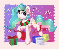 Size: 3000x2500 | Tagged: safe, artist:stravyvox, derpibooru import, princess celestia, alicorn, pony, christmas, clothes, female, holiday, image, jpeg, mare, present, scarf, smiling, sugar cane