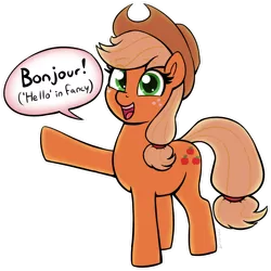 Size: 1888x1891 | Tagged: safe, artist:heretichesh, derpibooru import, applejack, earth pony, pony, applejack's hat, cowboy hat, dialogue, fancy, female, freckles, french, greeting, hairband, happy, hat, image, mare, open mouth, open smile, out of character, png, simple background, smiling, solo, text, transparent background