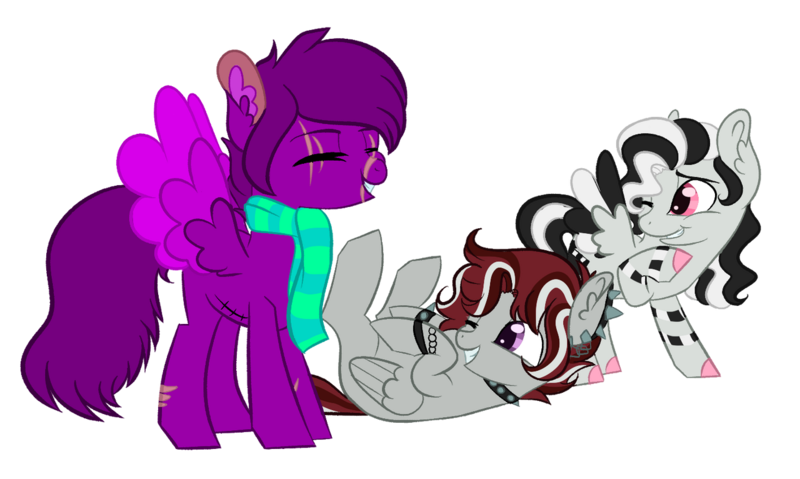 Size: 1280x766 | Tagged: safe, artist:maximumpiracy, derpibooru import, oc, oc:lights camera action, oc:midnight moon, oc:nutty man, unofficial characters only, pegasus, pony, choker, clothes, colored wings, female, image, mare, multicolored wings, png, scarf, simple background, spiked choker, transparent background, wings