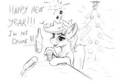 Size: 987x665 | Tagged: suggestive, artist:alcor, derpibooru import, rainbow dash, pony, blushing, bottle, christmas, christmas tree, drunk, drunker dash, glass, happy new year, holiday, image, looking at you, monochrome, png, sketch, solo, tree