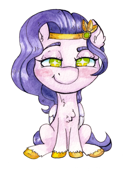 Size: 3225x4192 | Tagged: safe, artist:lightisanasshole, derpibooru import, pipp petals, pegasus, pony, chest fluff, chibi, colored hooves, colored wings, ear fluff, female, fluffy, g5, green eyes, hoof fluff, image, jewelry, looking at you, neck fluff, png, simple background, sitting, smug, solo, solo female, t:, tiara, traditional art, watercolor painting, wings