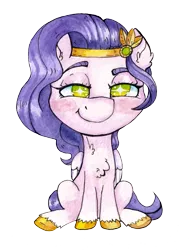 Size: 3225x4192 | Tagged: safe, artist:lightisanasshole, derpibooru import, pipp petals, pegasus, pony, chest fluff, chibi, colored hooves, colored wings, ear fluff, female, fluffy, g5, green eyes, hoof fluff, image, jewelry, looking at you, neck fluff, png, simple background, sitting, smug, solo, solo female, t:, tiara, traditional art, watercolor painting, wings