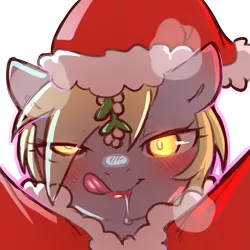 Size: 1159x1159 | Tagged: safe, artist:cold-blooded-twilight, derpibooru import, derpy hooves, bedroom eyes, blushing, christmas, clothes, costume, drool, female, glow, glowing eyes, hat, holiday, image, licking, licking lips, lipstick, looking at you, mistletoe, panting, png, rapeface, santa costume, santa hat, simple background, solo, solo female, tongue out, transparent background