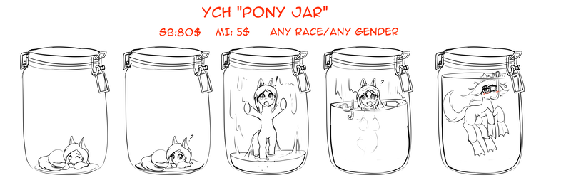 Size: 3960x1320 | Tagged: questionable, artist:shamziwhite, derpibooru import, earth pony, pony, auction, commission, cum, cum jar, diving goggles, image, jar, png, sequence, sketch, solo, your character here