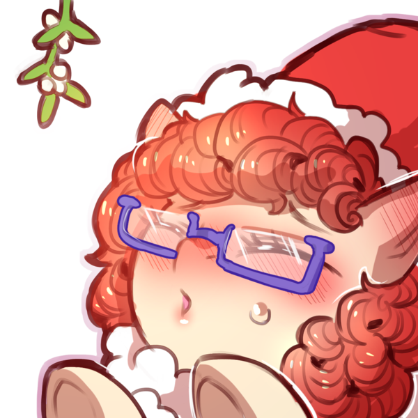 Size: 1159x1159 | Tagged: safe, artist:cold-blooded-twilight, derpibooru import, twist, blushing, blushing profusely, christmas, clothes, costume, curly hair, ear blush, eyes closed, female, foalcon, glasses, hat, holiday, image, kissy face, mistletoe, png, raised hoof, red hair, santa costume, santa hat, simple background, solo, solo female, sweat, transparent background, underage