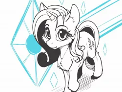 Size: 2048x1536 | Tagged: safe, artist:alcor, derpibooru import, rarity, pony, unicorn, blushing, cheek fluff, chest fluff, cutie mark background, ear fluff, female, hoof fluff, image, jpeg, looking at you, looking up, looking up at you, mare, monochrome, raised hoof, sketch, smiling, solo, standing, stray strand, three quarter view