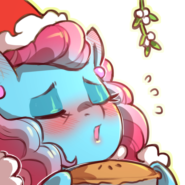 Size: 1159x1159 | Tagged: safe, artist:cold-blooded-twilight, derpibooru import, cup cake, blushing, christmas, clothes, costume, ear blush, ear piercing, earring, eyes closed, eyeshadow, female, food, hat, holiday, image, jewelry, kissy face, lipstick, makeup, milf, mistletoe, pie, piercing, png, santa costume, santa hat, simple background, solo, solo female, sweat, transparent background