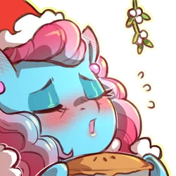 Size: 1159x1159 | Tagged: safe, artist:cold-blooded-twilight, derpibooru import, cup cake, blushing, christmas, clothes, costume, ear blush, ear piercing, earring, eyes closed, eyeshadow, female, food, hat, holiday, image, jewelry, kissy face, lipstick, makeup, milf, mistletoe, pie, piercing, png, santa costume, santa hat, simple background, solo, solo female, sweat, transparent background