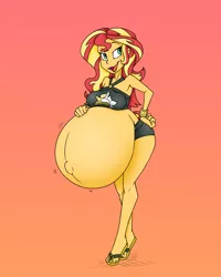 Size: 2598x3246 | Tagged: suggestive, artist:nsfwouhlven, artist:pacificside18, derpibooru import, sunset shimmer, equestria girls, beach shorts swimsuit, belly, belly button, big belly, bikini, bikini bottom, bikini top, clothes, female, huge belly, hyper, hyper belly, hyper pregnancy, image, impossibly large belly, png, pregnant, sandals, solo, solo female, sunset shimmer's beach shorts swimsuit, swimsuit