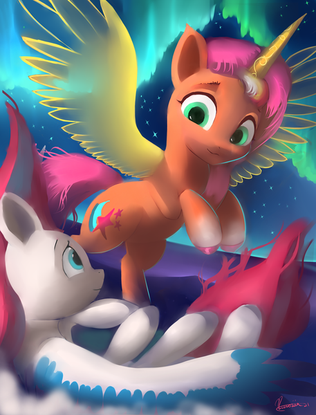 Size: 1600x2100 | Tagged: safe, artist:auroriia, derpibooru import, sunny starscout, zipp storm, alicorn, pegasus, pony, my little pony: a new generation, spoiler:my little pony: a new generation, artificial horn, artificial wings, augmented, aurora borealis, duo, female, flying, g5, horn, image, magic, magic horn, magic wings, mare, night, png, sunnycorn, wings