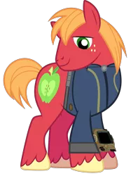 Size: 3934x5000 | Tagged: safe, artist:dashiesparkle, artist:ponygamer2020, derpibooru import, big macintosh, earth pony, pony, fallout equestria, absurd resolution, clothes, cutie mark, fallout, image, jumpsuit, looking back, looking down, male, pipboy, png, simple background, smiling, solo, stallion, transparent background, vault suit, vector