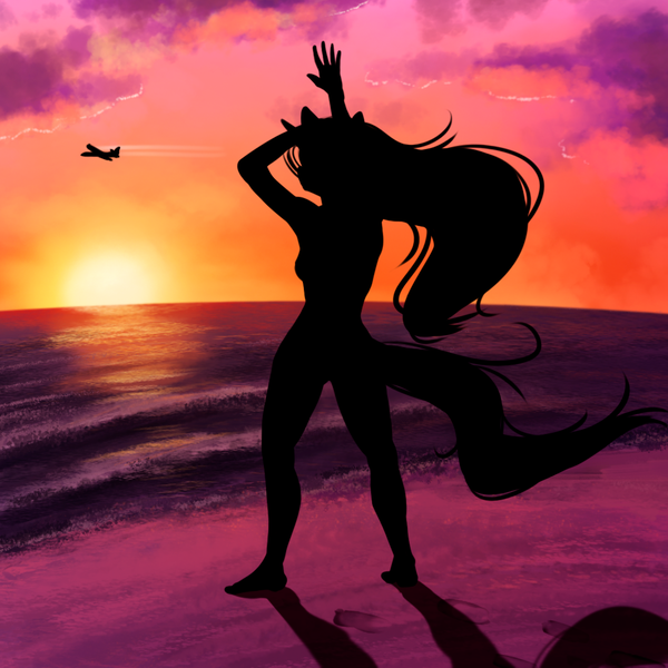 Size: 1000x1000 | Tagged: suggestive, artist:alcor, derpibooru import, anthro, plantigrade anthro, unicorn, barefoot, beach, feet, image, nudity, png, silhouette, sketch, solo, sunset, vibrant colours, waving
