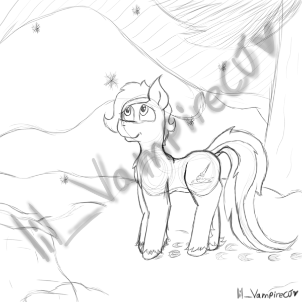 Size: 2048x2048 | Tagged: safe, artist:lil_vampirecj, derpibooru import, oc, oc:cj vampire, earth pony, pony, background, cutie mark, fur, hoof fluff, hooves, ice, image, looking up, pine tree, png, progress, sketch, smiling, snow, snowfall, snowflake, solo, tree, winter, wip