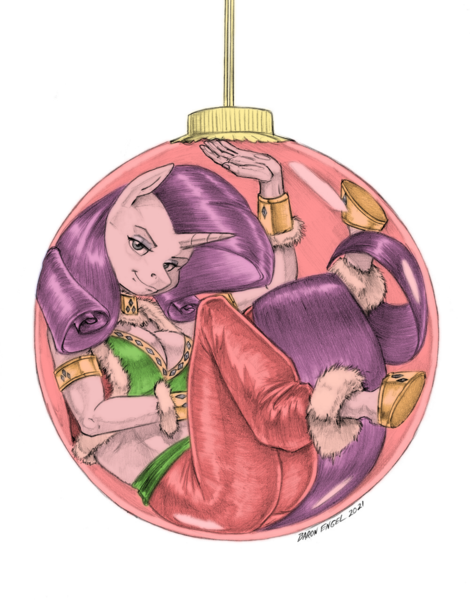 Size: 1000x1276 | Tagged: suggestive, artist:baron engel, color edit, derpibooru import, edit, rarity, anthro, unguligrade anthro, unicorn, ass, breasts, busty rarity, butt, christmas, christmas ornament, cleavage, colored, decoration, female, holiday, image, looking at you, ornament, pencil drawing, png, solo, solo female, traditional art