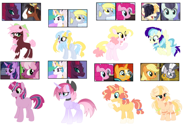 Size: 2022x1321 | Tagged: safe, artist:tragedy-kaz, derpibooru import, cheerilee, coloratura, derpy hooves, pinkie pie, princess celestia, songbird serenade, sunburst, tempest shadow, trouble shoes, twilight sparkle, twilight sparkle (alicorn), zecora, alicorn, earth pony, hybrid, pegasus, pony, unicorn, zebra, zony, my little pony: the movie, base used, broken horn, ear piercing, earring, female, headworn microphone, horn, image, interspecies offspring, jewelry, magical lesbian spawn, male, mare, neck rings, offspring, parent:applejack, parent:cheerilee, parent:coloratura, parent:discord, parent:pinkie pie, parent:princess celestia, parent:songbird serenade, parent:sunburst, parent:tempest shadow, parent:trouble shoes, parent:twilight sparkle, parent:zecora, parents:applecora, parents:cheerilight, parents:derpypie, parents:dislestia, parents:pinkieburst, piercing, png, screencap reference, simple background, stallion, transparent background