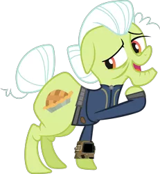 Size: 5320x5770 | Tagged: safe, artist:90sigma, artist:ponygamer2020, derpibooru import, granny smith, earth pony, pony, fallout equestria, leap of faith, absurd resolution, clothes, cutie mark, fallout, female, image, jumpsuit, looking back, mare, older, open mouth, pipboy, png, simple background, solo, transparent background, vault suit, vector