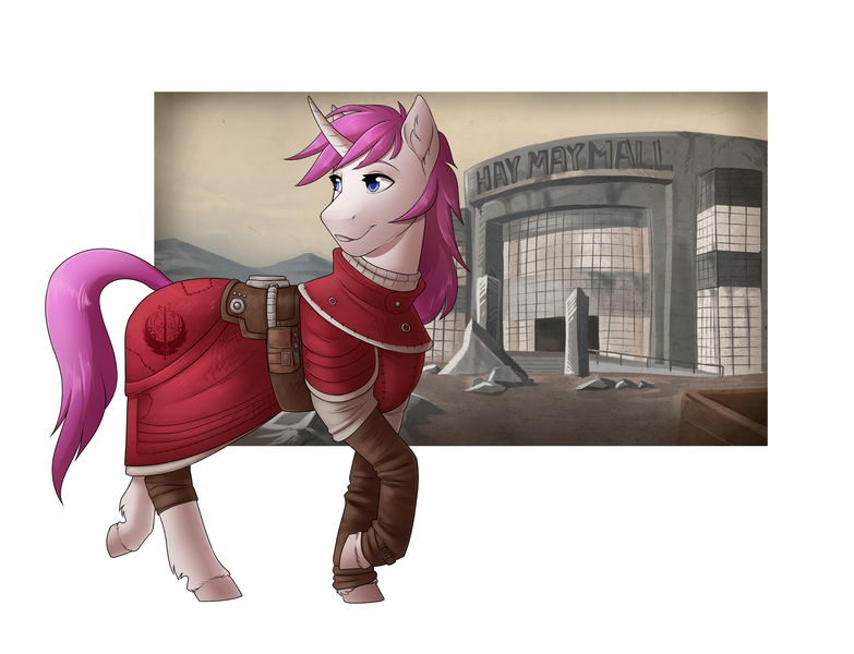 Size: 3777x2893 | Tagged: safe, artist:0naturaldisaster0, derpibooru import, oc, unofficial characters only, pony, unicorn, belt, clothes, female, horn, image, mare, png, raised hoof, smiling, unicorn oc