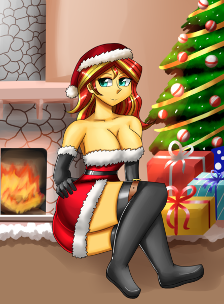 Size: 1400x1900 | Tagged: suggestive, artist:zachc, derpibooru import, sunset shimmer, equestria girls, boots, breasts, busty sunset shimmer, christmas, christmas tree, cleavage, clothes, costume, dress, female, hat, holiday, image, png, santa costume, santa hat, sexy, sexy santa costume, shoes, solo, tree