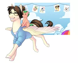 Size: 3071x2491 | Tagged: safe, artist:0naturaldisaster0, derpibooru import, oc, unofficial characters only, earth pony, pegasus, pony, clothes, earth pony oc, eyes closed, glasses, image, pegasus oc, png, ponies riding ponies, riding, smiling, wings