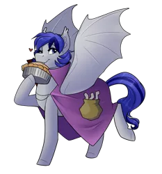 Size: 1111x1190 | Tagged: safe, artist:0naturaldisaster0, derpibooru import, oc, unofficial characters only, bat pony, pony, bat pony oc, bat wings, cape, clothes, female, food, hoof hold, image, mare, one eye closed, pie, png, smiling, wings, wink