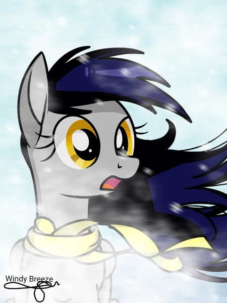 Size: 768x1024 | Tagged: safe, artist:windy breeze, derpibooru import, oc, oc:stormlight, pegasus, pony, blizzard, clothes, female, ibispaint x, image, jpeg, mare, scarf, shading, signature, snow, snowfall, snowflake, solo, wind, windswept mane, windy