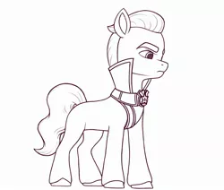 Size: 2411x2048 | Tagged: safe, artist:dancingkinfiend, derpibooru import, edit, sprout cloverleaf, earth pony, pony, my little pony: a new generation, angry, belt, black and white, clothes, doodle, emperor sprout, eyebrows down, g5, grayscale, image, jpeg, lineart, male, manipulation, monochrome, serious, serious face, sheriff, sheriff's badge, sketch, solo, stallion, tail, wavy hair, wavy mane, wavy tail