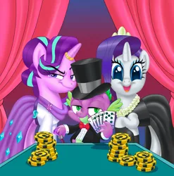 Size: 5789x5870 | Tagged: safe, artist:art-2u, derpibooru import, rarity, spike, starlight glimmer, dragon, pony, unicorn, bowtie, cane, card, chips, clothes, curtains, dress, female, food, hat, image, jewelry, jpeg, male, poker, shipping, smug, smuglight glimmer, spades, sparity, sparlight, spike gets all the mares, straight, table, top hat