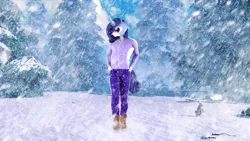 Size: 3840x2160 | Tagged: safe, artist:unie, derpibooru import, oc, oc:crystal glaze, anthro, plantigrade anthro, rabbit, animal, boots, branches, clothes, hair, horn, image, jacket, jpeg, mane, nexgen, pants, pine tree, shoes, snow, snowfall, tail, tree, winter