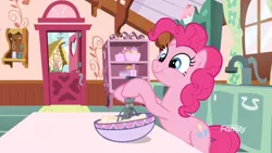 Size: 1920x1080 | Tagged: safe, derpibooru import, screencap, pinkie pie, earth pony, pony, between dark and dawn, baking, batter, bowl, egg beater, female, food, image, mare, png, ponyville, sink, sugarcube corner, table, window