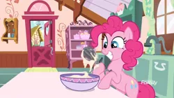 Size: 1920x1080 | Tagged: safe, derpibooru import, screencap, pinkie pie, earth pony, between dark and dawn, baking, batter, bowl, egg beater, food, happy, image, png, ponyville, sink, smiling, sugarcube corner, table, window