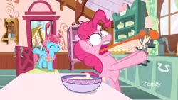 Size: 1920x1080 | Tagged: safe, derpibooru import, screencap, cup cake, pinkie pie, between dark and dawn, batter, bowl, discovery family logo, dot eyes, egg beater, eyes closed, faic, female, food, image, long tongue, png, sink, stuck, sugarcube corner, table, tongue out