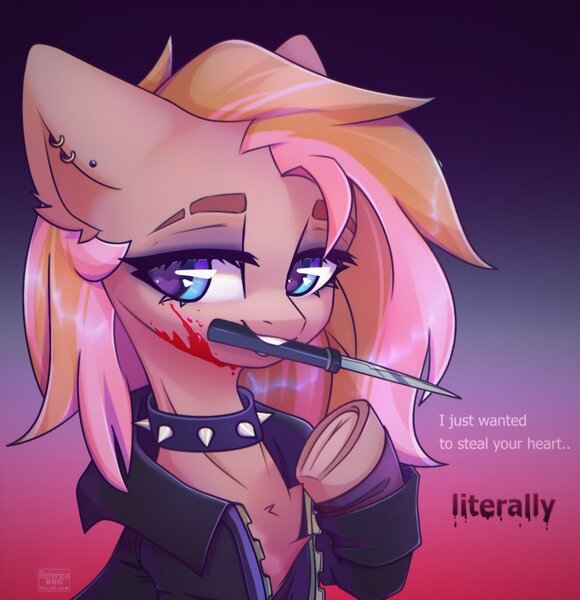 Size: 1113x1152 | Tagged: safe, artist:reterica, derpibooru import, oc, unofficial characters only, earth pony, pony, blood, chest fluff, choker, clothes, dialogue, ear piercing, earring, image, jacket, jewelry, jpeg, leather jacket, lidded eyes, looking at you, mouth hold, piercing, solo, spiked choker, underhoof