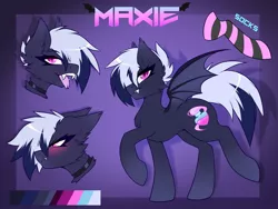 Size: 1626x1220 | Tagged: safe, artist:darkmaxxie, derpibooru import, oc, oc:maxie, unofficial characters only, bat pony, bat pony oc, bat wings, blushing, choker, clothes, fangs, image, jpeg, looking at you, open mouth, reference sheet, socks, striped socks, tongue out, wings