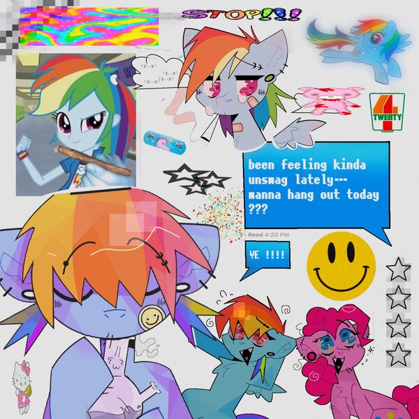 Size: 2048x2048 | Tagged: safe, artist:blairvonglitter, derpibooru import, pinkie pie, rainbow dash, earth pony, pegasus, pony, bandage, bong, dialogue, drugs, ear piercing, earring, eyes closed, high, image, jewelry, jpeg, marijuana, piercing, smoking, spread wings, wings