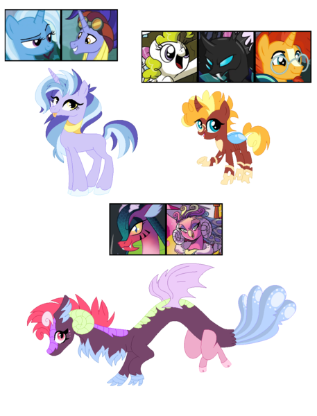 Size: 1143x1500 | Tagged: safe, artist:tragedy-kaz, derpibooru import, hoo'far, trixie, oc, changeling, draconequus, pony, unicorn, base used, draconequus oc, female, goggles, image, magical lesbian spawn, male, mare, offspring, parent:cosmos, parent:hoo'far, parent:sunburst, parent:surprise, parent:trixie, parents:trixfar, png, screencap reference, simple background, stallion, transparent background