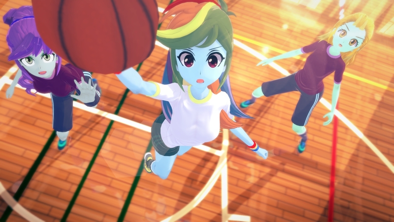 Size: 1920x1080 | Tagged: safe, artist:hornydogo, derpibooru import, lightning dust, rainbow dash, equestria girls, 3d, basketball, breasts, image, jpeg, koikatsu, sports