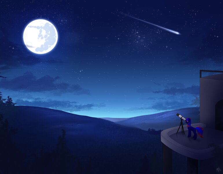 Size: 3600x2802 | Tagged: safe, artist:darkmaxxie, derpibooru import, oc, unofficial characters only, pegasus, pony, cloud, commission, image, jpeg, mare in the moon, moon, night, night sky, pegasus oc, scenery, shooting star, sky, solo, telescope, tree, wings