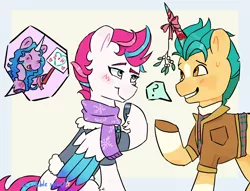 Size: 1700x1300 | Tagged: safe, artist:scribblespark, derpibooru import, hitch trailblazer, izzy moonbow, zipp storm, earth pony, pegasus, pony, unicorn, clothes, fake horn, female, g5, hitchzipp, image, jacket, male, mare, mistletoe, png, scarf, shipper on deck, shipping, sign, stallion, straight