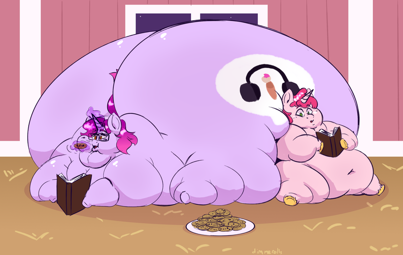 Size: 2728x1724 | Tagged: questionable, artist:dimmerolls, derpibooru import, oc, oc:jelly gemstone, unofficial characters only, pony, unicorn, belly, belly button, big belly, bingo wings, book, butt, chubby cheeks, colored hooves, cookie, double chin, duo, eating, fat, food, glasses, glow, glowing horn, high res, horn, huge butt, image, impossibly large butt, indoors, large butt, lying down, magic, magic aura, male, morbidly obese, nonbinary, obese, oc x oc, plate, png, prone, reading, shipping, sitting, squishy, stretched cutie mark, telekinesis, underhoof, unicorn oc, unshorn fetlocks