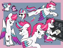 Size: 1700x1300 | Tagged: safe, artist:scribblespark, derpibooru import, pipp petals, zipp storm, pegasus, pony, my little pony: a new generation, chalkboard, equation, female, flying, folded wings, g5, image, jpeg, looking down, mare, math, messy mane, mouth hold, raised hoof, scuff mark, sheet, smiling, spread wings, sunglasses, wings, writing