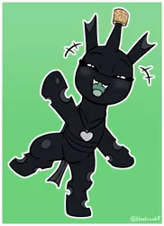 Size: 1043x1430 | Tagged: safe, artist:heretichesh, derpibooru import, oc, changeling, bipedal, changeling oc, cork, cute, cuteling, eyes closed, green background, horn, horn guard, image, jpeg, looking at you, open mouth, open smile, simple background, smiling, smiling at you, solo, standing, standing on one leg, waving