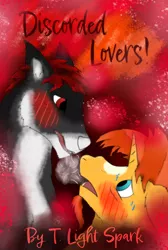 Size: 2234x3324 | Tagged: suggestive, artist:theenderrebel, derpibooru import, sunburst, oc, oc:runt, pony, unicorn, wolf, fanfic, blaze (coat marking), blushing, blushing profusely, breath, canon x oc, coat markings, facial hair, facial markings, fanfic art, fanfic cover, floppy ears, furry, furry oc, gay, goatee, high res, horn, image, male, open mouth, png, red and black oc, shipping, spoilers for another series, sweat, sweatdrops