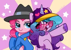 Size: 3922x2758 | Tagged: safe, artist:kittyrosie, derpibooru import, izzy moonbow, pinkie pie, earth pony, pony, unicorn, my little pony: a new generation, baseball cap, blushing, cap, clothes, cute, diapinkes, female, g4, g5, hat, hoodie, image, izzybetes, looking at each other, looking at someone, mare, open mouth, open smile, png, shutter shades, simple background, smiling, stars, unshorn fetlocks