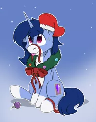 Size: 1744x2208 | Tagged: safe, artist:rokosmith26, derpibooru import, oc, oc:crystal glaze, unofficial characters only, pony, unicorn, bow, cheek fluff, chest fluff, christmas, christmas stocking, christmas wreath, commission, floppy ears, gradient background, holiday, horn, image, looking up, male, markings, one ear down, png, raised hoof, ribbon, simple background, sitting, smiling, solo, stallion, sweat, sweatdrop, tail, tongue out, unicorn horn, unicorn oc, wreath, ych result