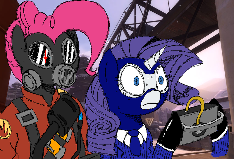 Size: 851x580 | Tagged: safe, artist:legendoflink, derpibooru import, pinkie pie, rarity, earth pony, pony, unicorn, clothes, flamethrower, gas mask, glow, glowing eyes, glowing eyes of doom, image, mask, ms paint, pinkie pyro, png, pyro, rarispy, sapper, spy, suit, sweat, team fortress 2, this will not end well, weapon