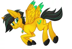 Size: 2500x1700 | Tagged: safe, artist:xvostik, derpibooru import, emerald green, green gem, oc, oc:lightning bug, unofficial characters only, pegasus, black mane, gem, hooves, image, jewelry, necklace, pegasus oc, png, streaked mane, wings