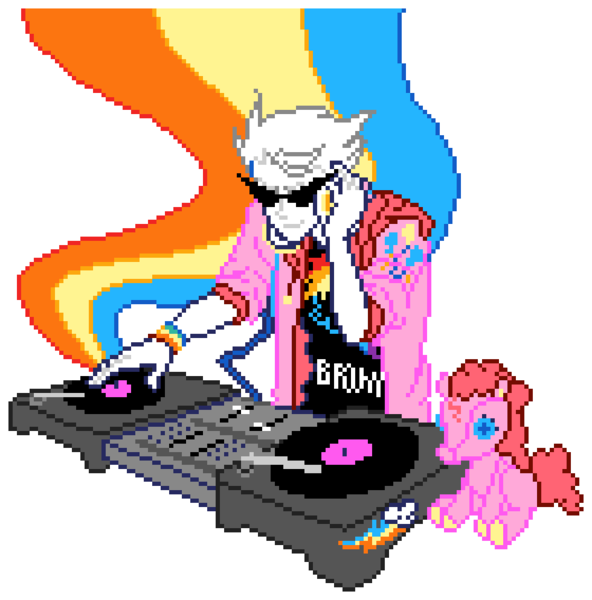 Size: 840x852 | Tagged: safe, artist:blk-kitti, artist:diamondwolfq, derpibooru import, pinkie pie, rainbow dash, human, original species, plush pony, pony, brony, crossover, dirk strider, glasses, headphones, homestuck, image, male, manepxls, pinkie pie's cutie mark, pixel art, plushie, png, pxls.space, rainbow dash's cutie mark, simple background, smiling, solo, transparent background, turntable