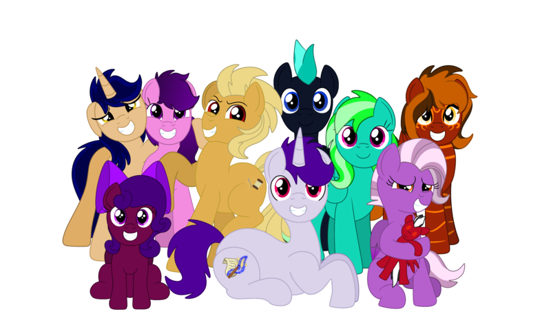 Size: 5030x3030 | Tagged: safe, artist:lynnthenerdkitty, derpibooru import, oc, oc:beau style, oc:delta, oc:glass chip, oc:sirius canis major, oc:soundbreaker, oc:starshine twinkle, oc:storming dust, oc:tilly, oc:ultraviolet light, earth pony, pegasus, pony, unicorn, derpibooru community collaboration, 2022 community collab, group photo, image, multiple characters, plushie, png, shatter