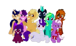 Size: 5030x3030 | Tagged: safe, artist:lynnthenerdkitty, derpibooru import, oc, oc:beau style, oc:delta, oc:glass chip, oc:sirius canis major, oc:soundbreaker, oc:starshine twinkle, oc:storming dust, oc:tilly, oc:ultraviolet light, earth pony, pegasus, pony, unicorn, derpibooru community collaboration, 2022 community collab, group photo, image, multiple characters, plushie, png, shatter